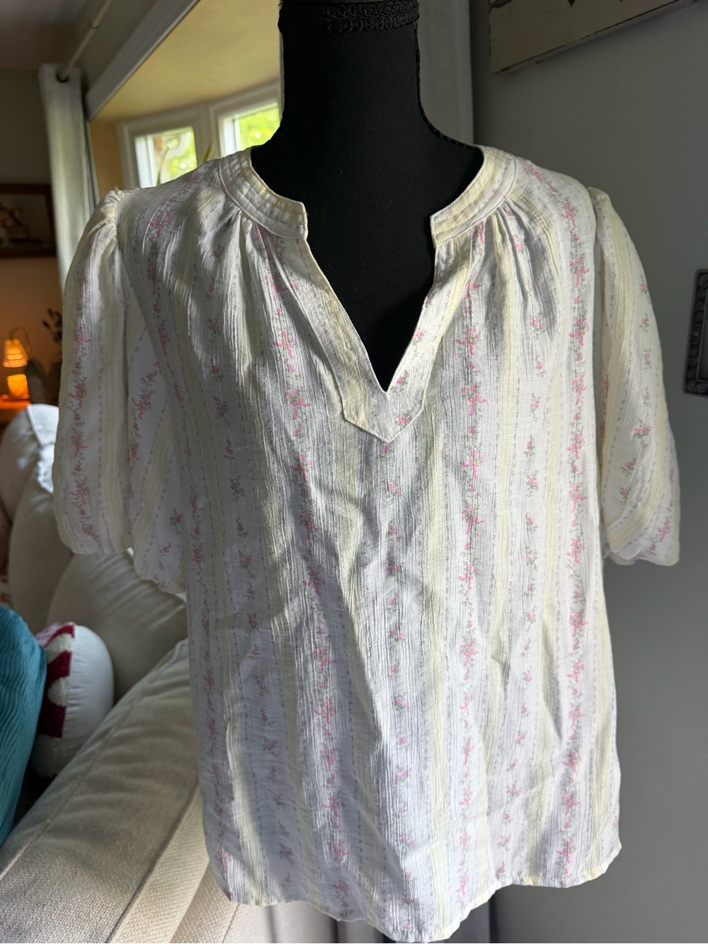 CeCe Cream Blouse with Pink Floral Stripes
